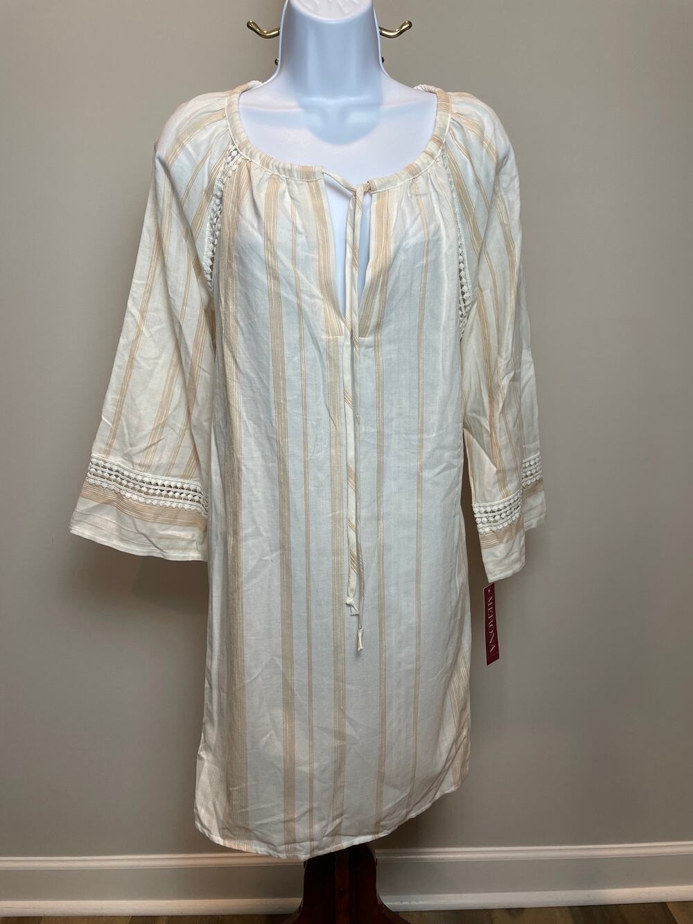 Merona Cream Striped Tunic Top Lace Sleeve Detail 100% Cotton NWT Size XL